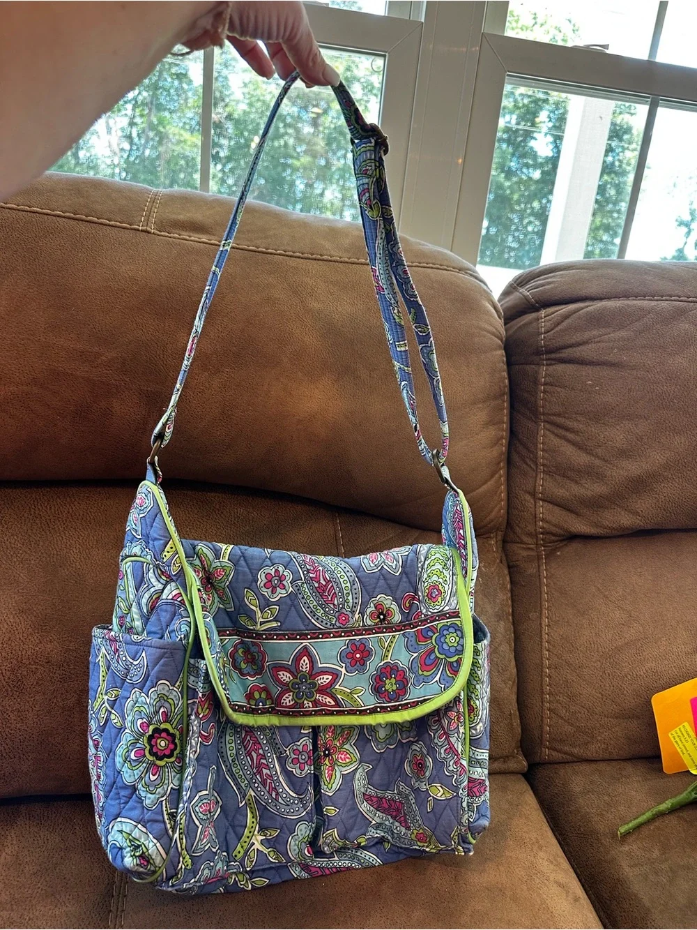 Quilted Floral Crossbody Bag in Blue with Lime Trim
